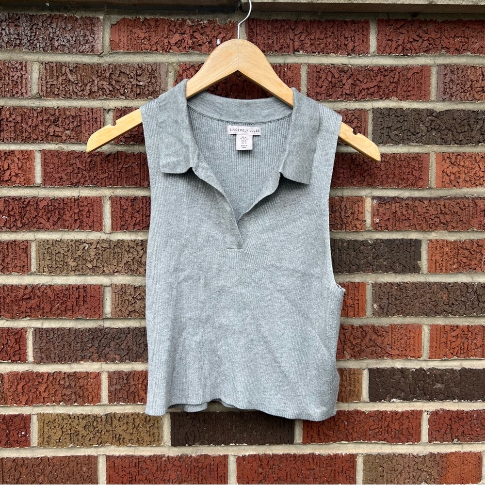 Sincerely Jules Gray Marled Ribbed Collared Sleeveless Sweater Tank Top